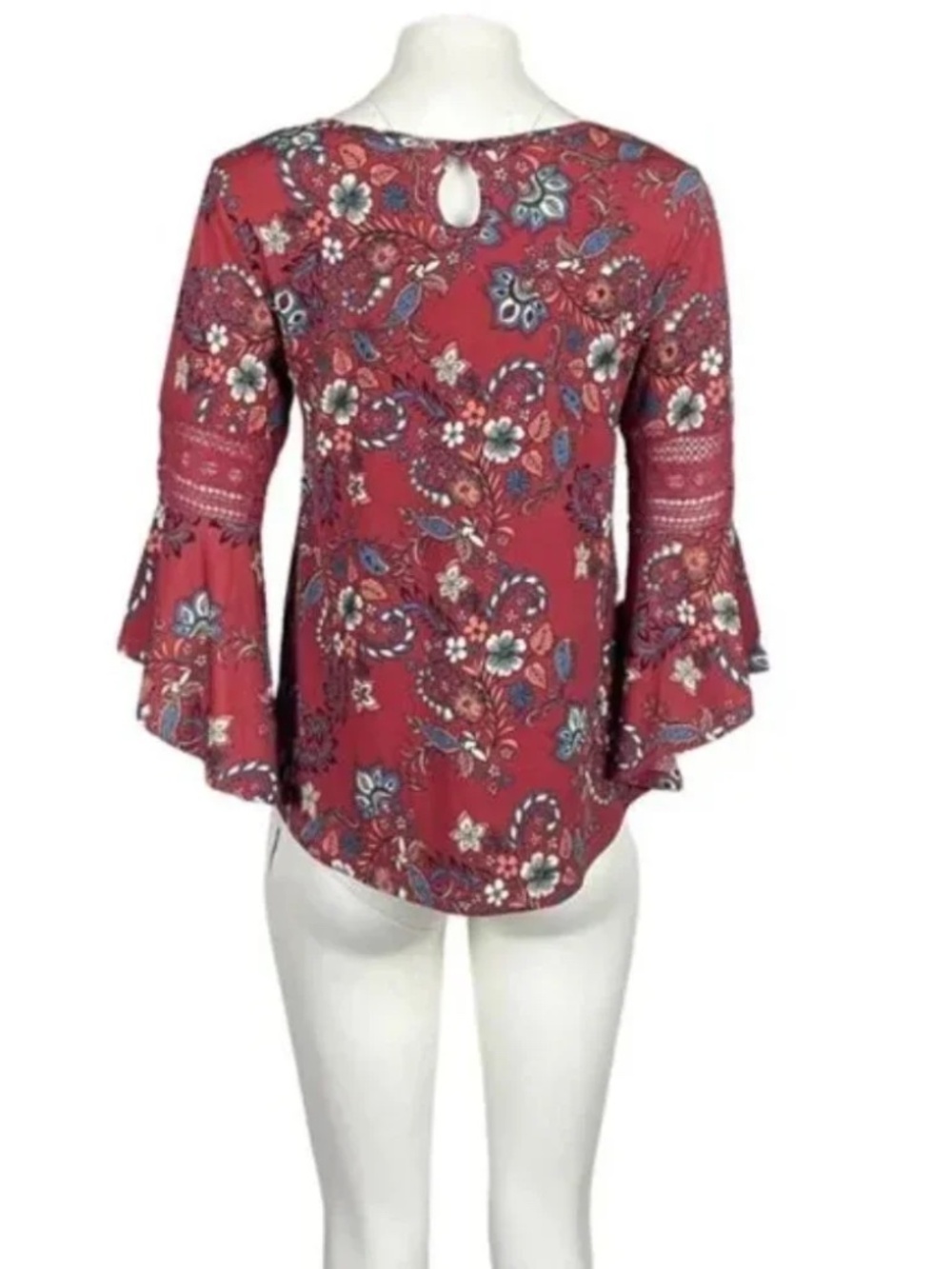 Stem & Vine Burgundy Floral Bell Sleeve Boho Top Small - Picture 3 of 5